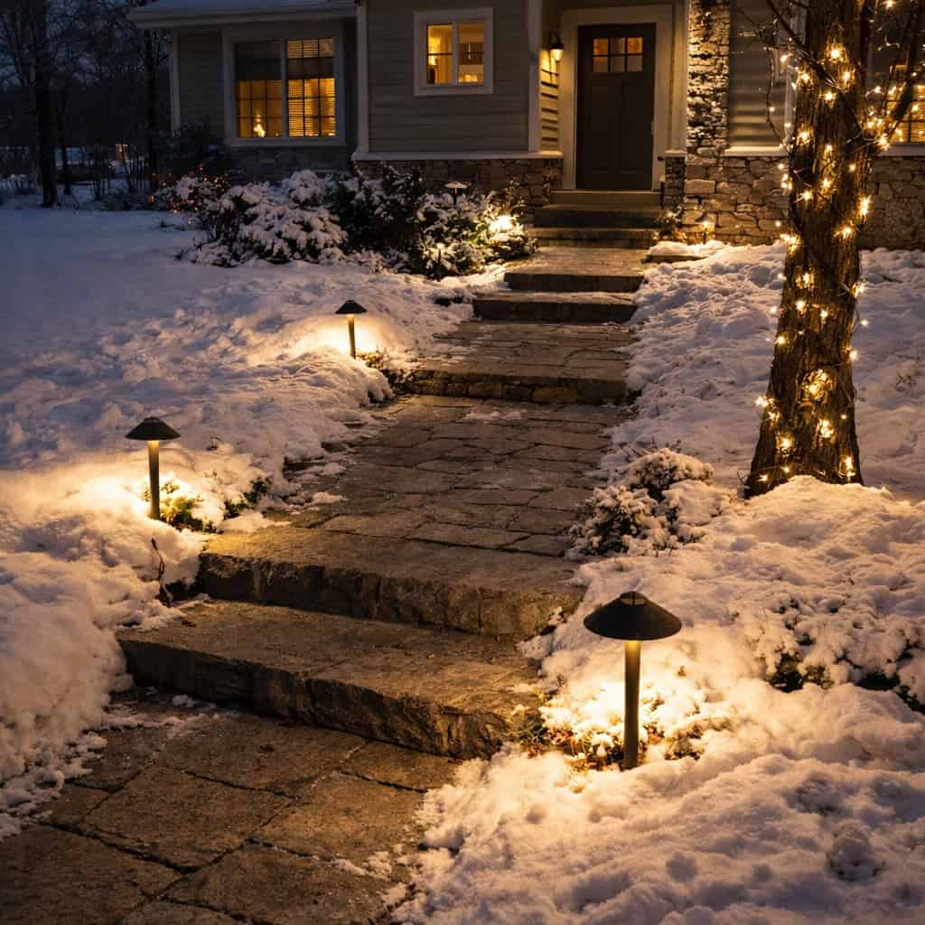 Stone pathway illuminated by landscape lighting in a snowy winter yard.